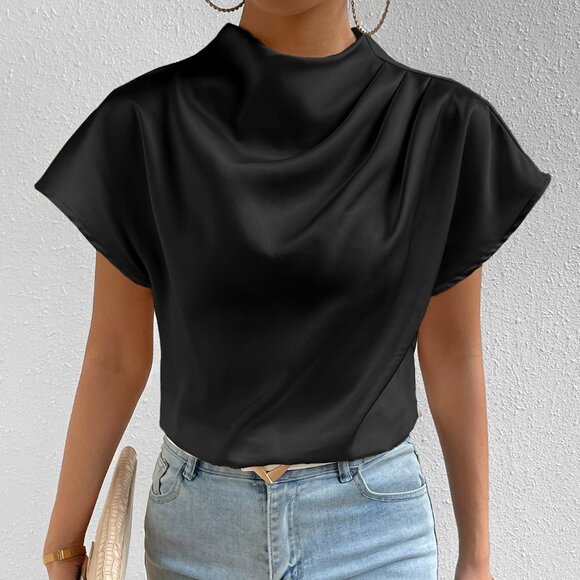 Black Casual Womens Mock Neck Batwing Sleeve Satin Blouse - Picture 4 of 5